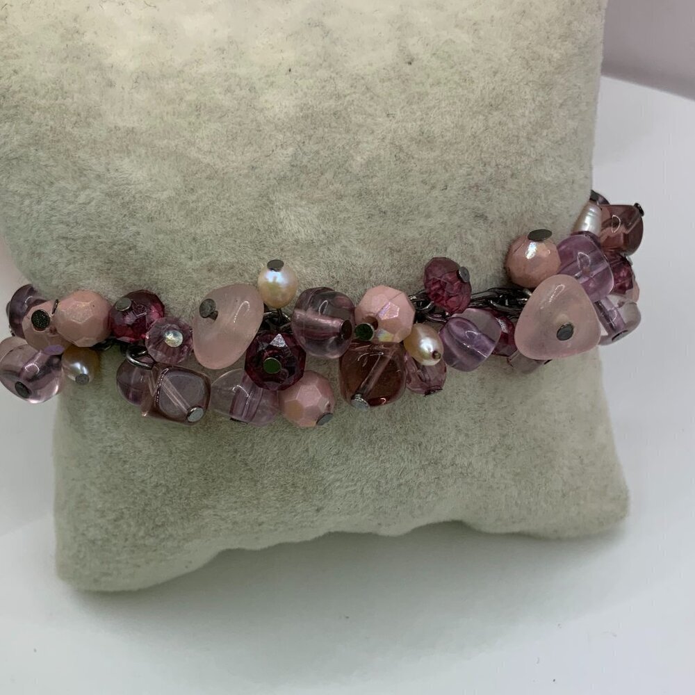 Premier Designs Vintage Purple Pink Beaded Faux Pearl Gunmetal Bracelet